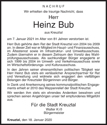 Traueranzeige von Heinz Bub von Siegener Zeitung