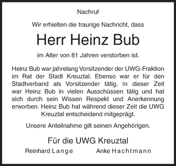 Traueranzeige von Heinz Bub von Siegener Zeitung