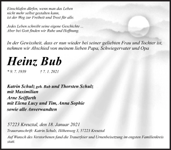 Traueranzeige von Heinz Bub von Siegener Zeitung