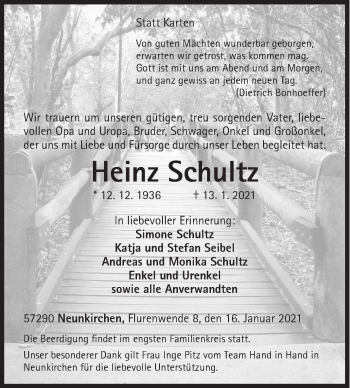 Traueranzeige von Heinz Schultz von Siegener Zeitung