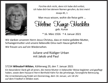 Traueranzeige von Helene Kunze-Hackler von Siegener Zeitung