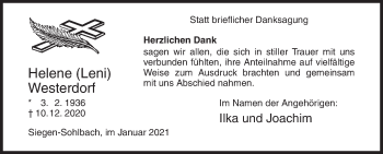 Traueranzeige von Helene Westerdorf von Siegener Zeitung