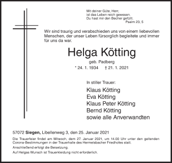 Traueranzeige von Helga Kötting von Siegener Zeitung