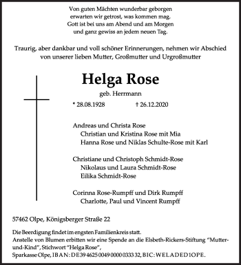 Traueranzeige von Helga Rose von Siegener Zeitung