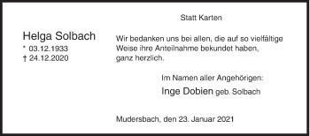 Traueranzeige von Helga Solbach von Siegener Zeitung