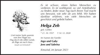 Traueranzeige von Helga Zeh von Siegener Zeitung