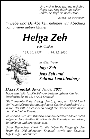 Traueranzeige von Helga Zeh von Siegener Zeitung