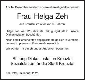 Traueranzeige von Helga Zeh von Siegener Zeitung