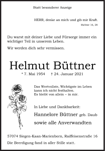 Traueranzeige von Helmut Büttner von Siegener Zeitung
