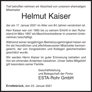 Traueranzeige von Helmut Kaiser von Siegener Zeitung