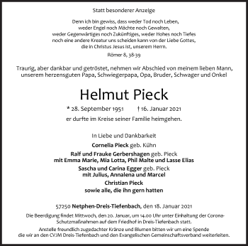 Traueranzeige von Helmut Pieck von Siegener Zeitung