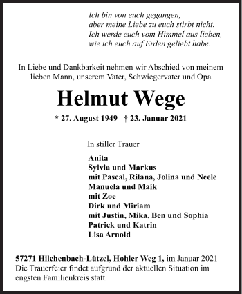 Traueranzeige von Helmut Wege von Siegener Zeitung