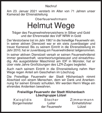 Traueranzeige von Helmut Wege von Siegener Zeitung