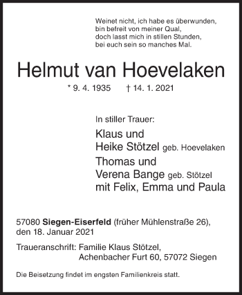 Traueranzeige von Helmut van Hoevelaken von Siegener Zeitung