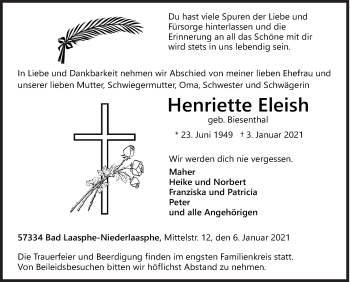 Traueranzeige von Henriette Eleish von Siegener Zeitung