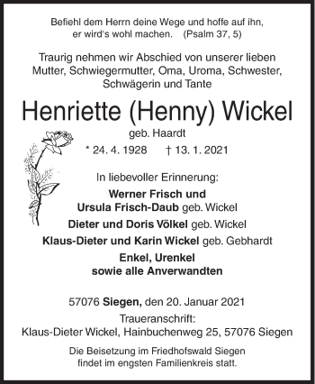 Traueranzeige von Henriette  Wickel von Siegener Zeitung