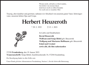 Traueranzeige von Herbert Heuzeroth von Siegener Zeitung