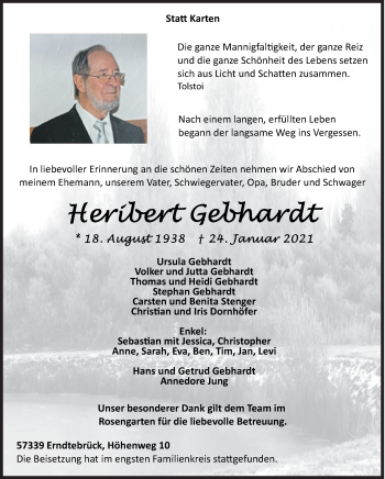 Traueranzeige von Heribert Gebhardt von Siegener Zeitung