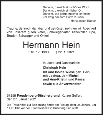 Traueranzeige von Hermann Hein von Siegener Zeitung