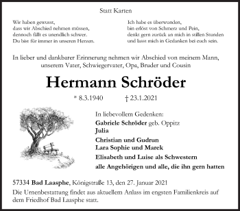 Traueranzeige von Hermann Schröder von Siegener Zeitung
