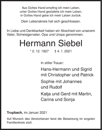 Traueranzeige von Hermann Siebel von Siegener Zeitung