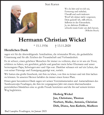 Traueranzeige von Hermann Christian Wickel von Siegener Zeitung