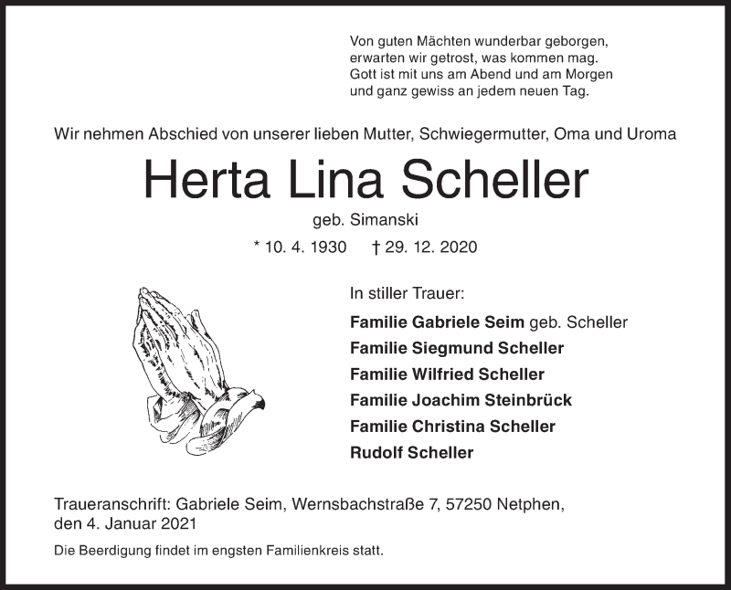  Traueranzeige für Herta Lina Scheller vom 04.01.2021 aus Siegener Zeitung