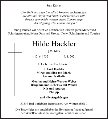 Traueranzeige von Hilde Hackler von Siegener Zeitung