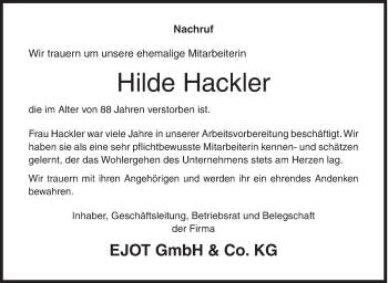 Traueranzeige von Hilde Hackler von Siegener Zeitung