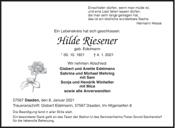Traueranzeige von Hilde Riesener von Siegener Zeitung