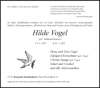 Traueranzeige von Hilde Vogel von Siegener Zeitung