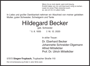 Traueranzeige von Hildegard Becker von Siegener Zeitung