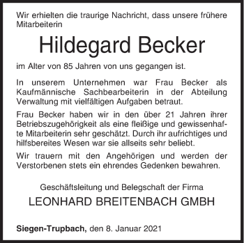 Traueranzeige von Hildegard Becker von Siegener Zeitung