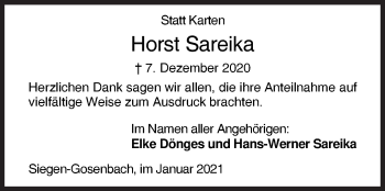 Traueranzeige von Horst Sareika von Siegener Zeitung