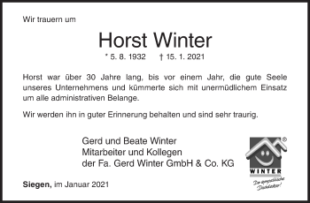 Traueranzeige von Horst Winter von Siegener Zeitung