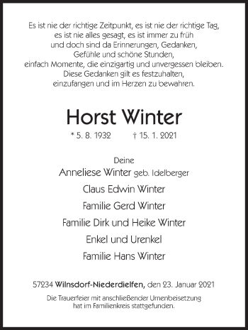 Traueranzeige von Horst Winter von Siegener Zeitung