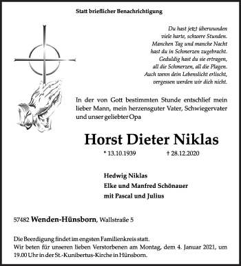 Traueranzeige von Horst Dieter Niklas von Siegener Zeitung