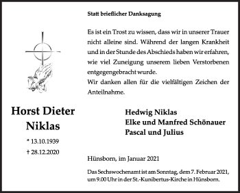 Traueranzeige von Horst Dieter Niklas von Siegener Zeitung