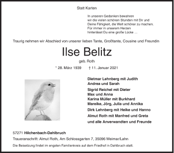 Traueranzeige von Ilse Belitz von Siegener Zeitung