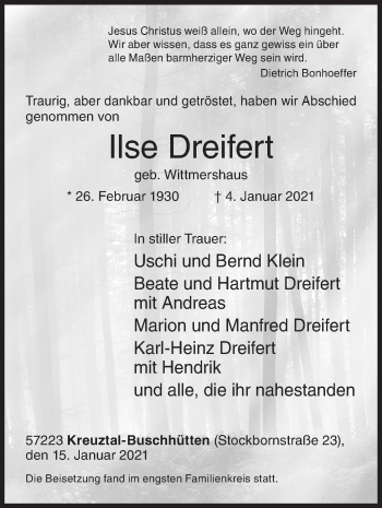 Traueranzeige von Ilse Dreifert von Siegener Zeitung