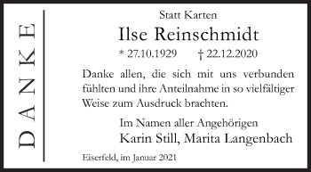 Traueranzeige von Ilse Reinschmidt von Siegener Zeitung