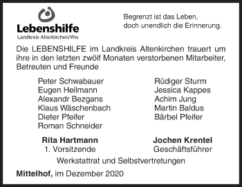 Traueranzeige von In Gedenken Mitarbeiter Lebenshilfe von Siegener Zeitung
