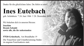 Traueranzeige von Ines Eutebach von Siegener Zeitung