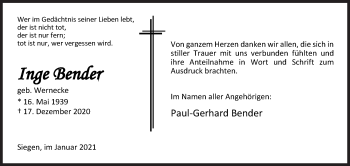 Traueranzeige von Inge Bender von Siegener Zeitung