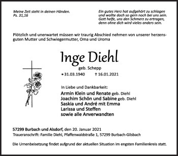 Traueranzeige von Inge Diehl von Siegener Zeitung