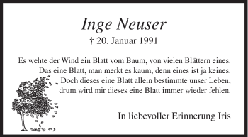 Traueranzeige von Inge Neuser von Siegener Zeitung