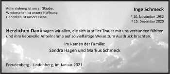 Traueranzeige von Inge Schmeck von Siegener Zeitung