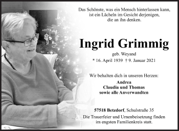 Traueranzeige von  Ingrid Grimmig von Siegener Zeitung