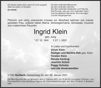 Traueranzeige von Ingrid Klein von Siegener Zeitung