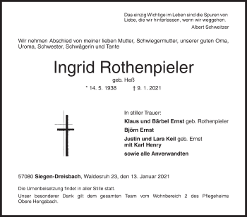 Traueranzeige von Ingrid Rothenpieler von Siegener Zeitung